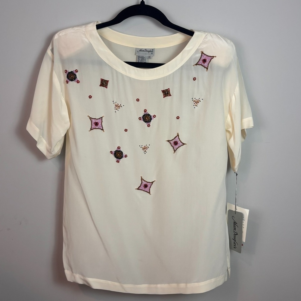 Vintage Deadstock Adam Douglass 100% Silk Beige Beaded Womens Blouse sz SM NEW